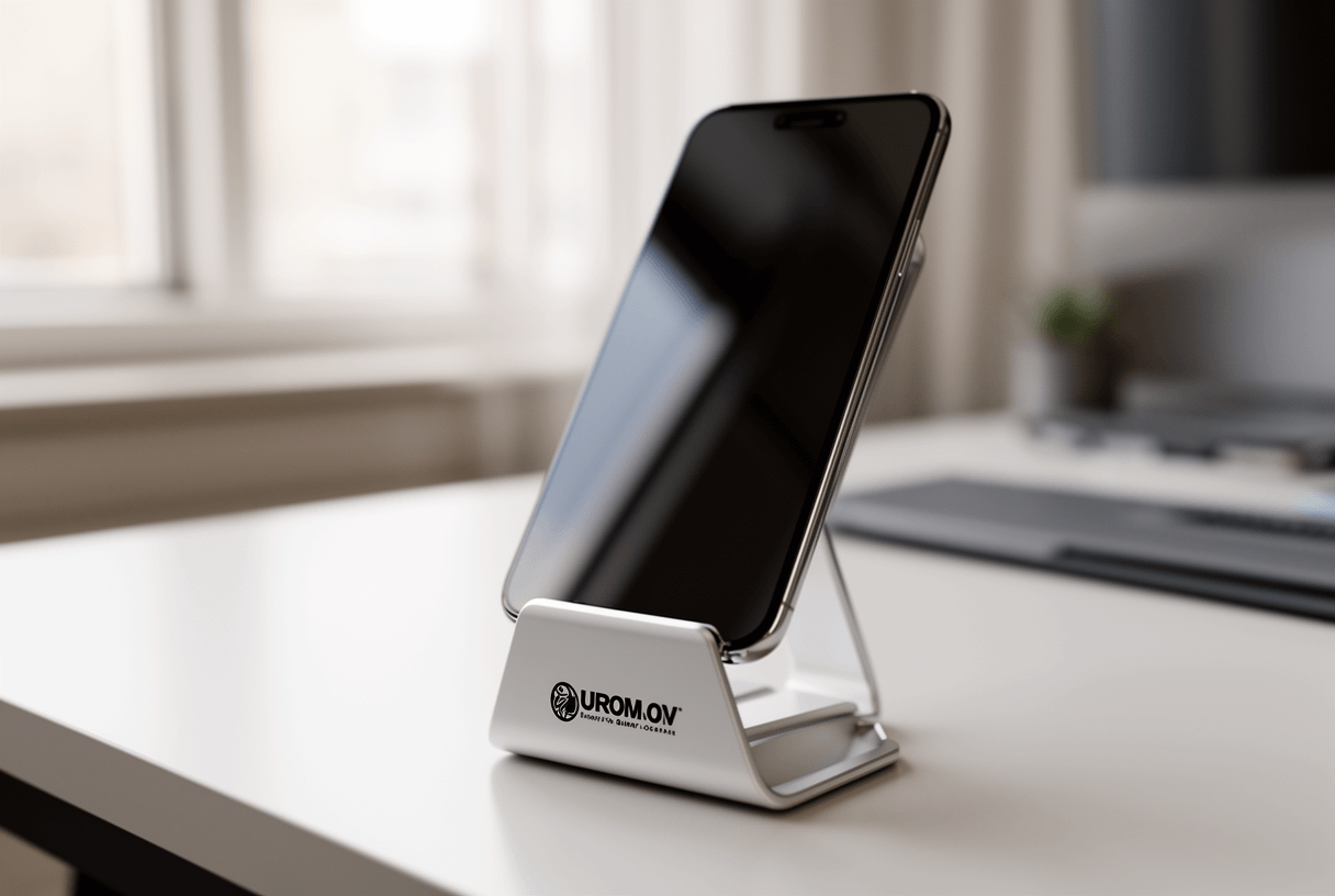 support téléphone publicitaire sur bureau moderne avec smartphone