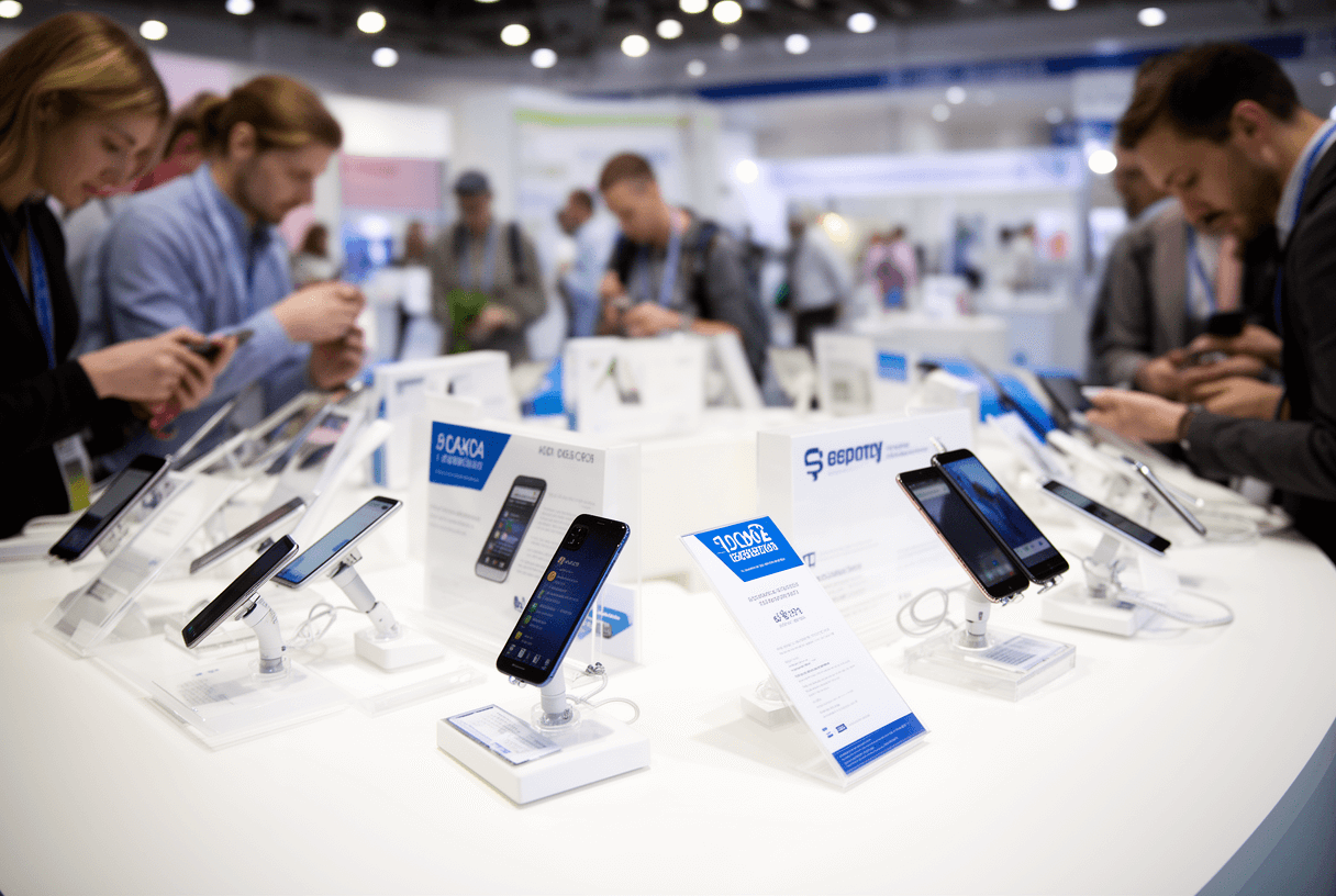 supports téléphones publicitaires exposés lors d’un événement
